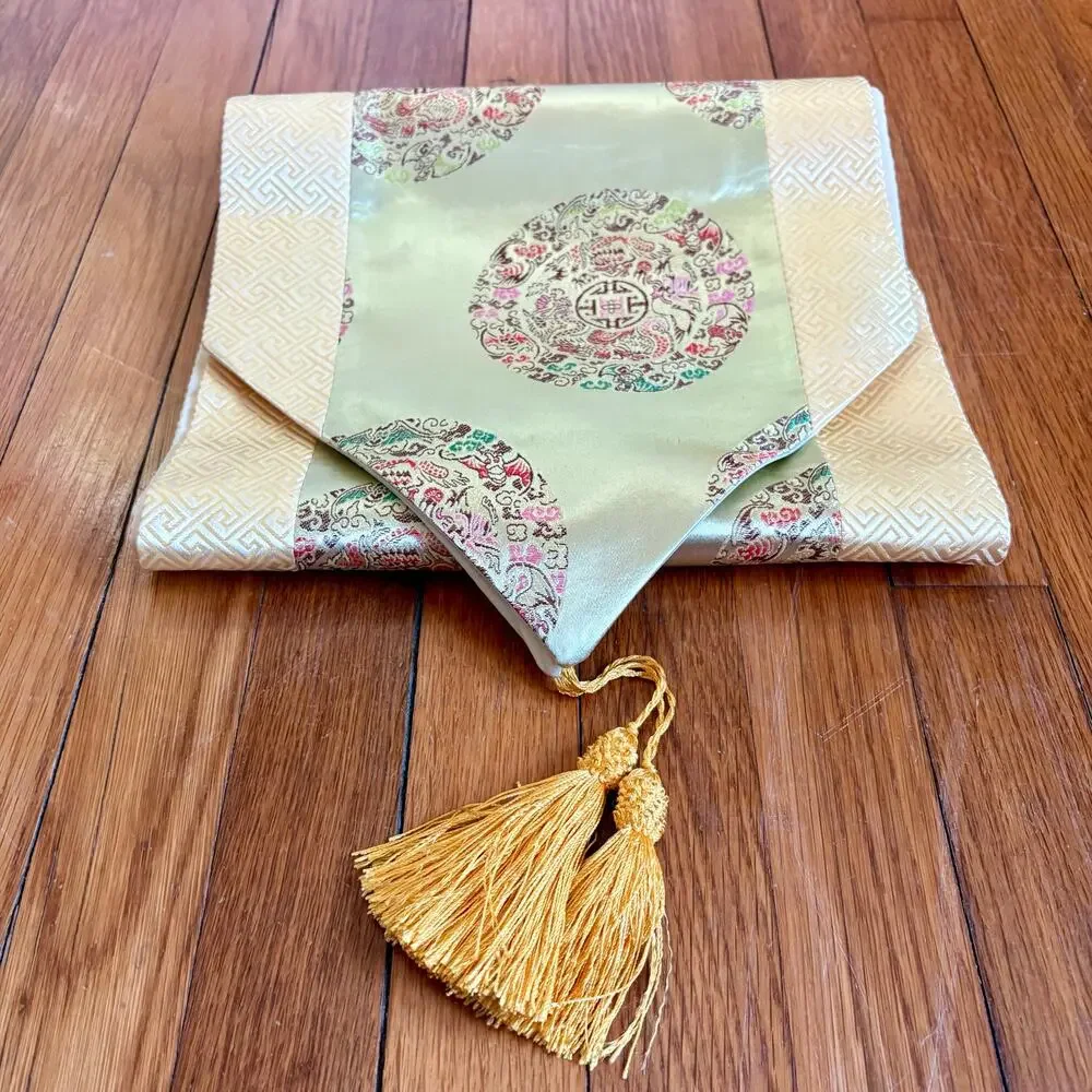 Vintage Asian Silk Brocade Table Runner Gold Tassels Chinoiserie